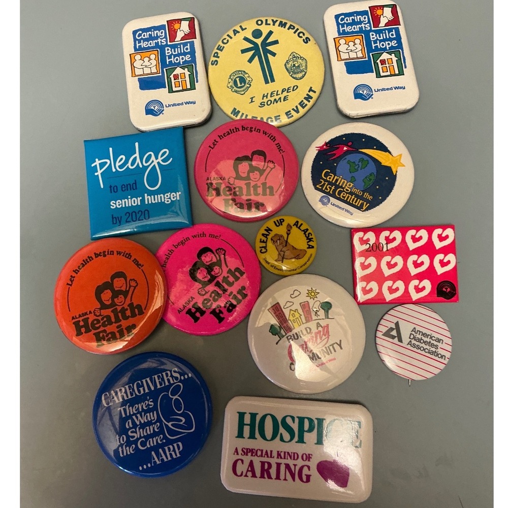 Vintage Charity Health Pinback Button Lot 13pc United Way Special Olympics AARP